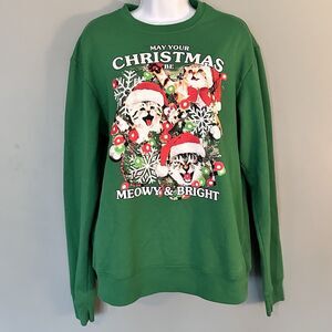 Fifth Sun Ugly Christmas Sweater Womens XL Kitty Cats Holiday Party Green Tree